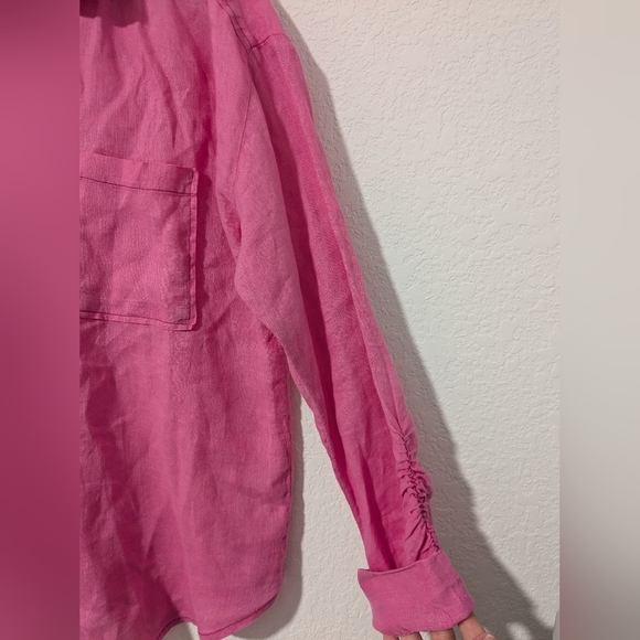 Anthropologie Fuschia Pink 100% Linen V-Neck Long Sleeve Button-Up Shirt - Picture 9 of 12